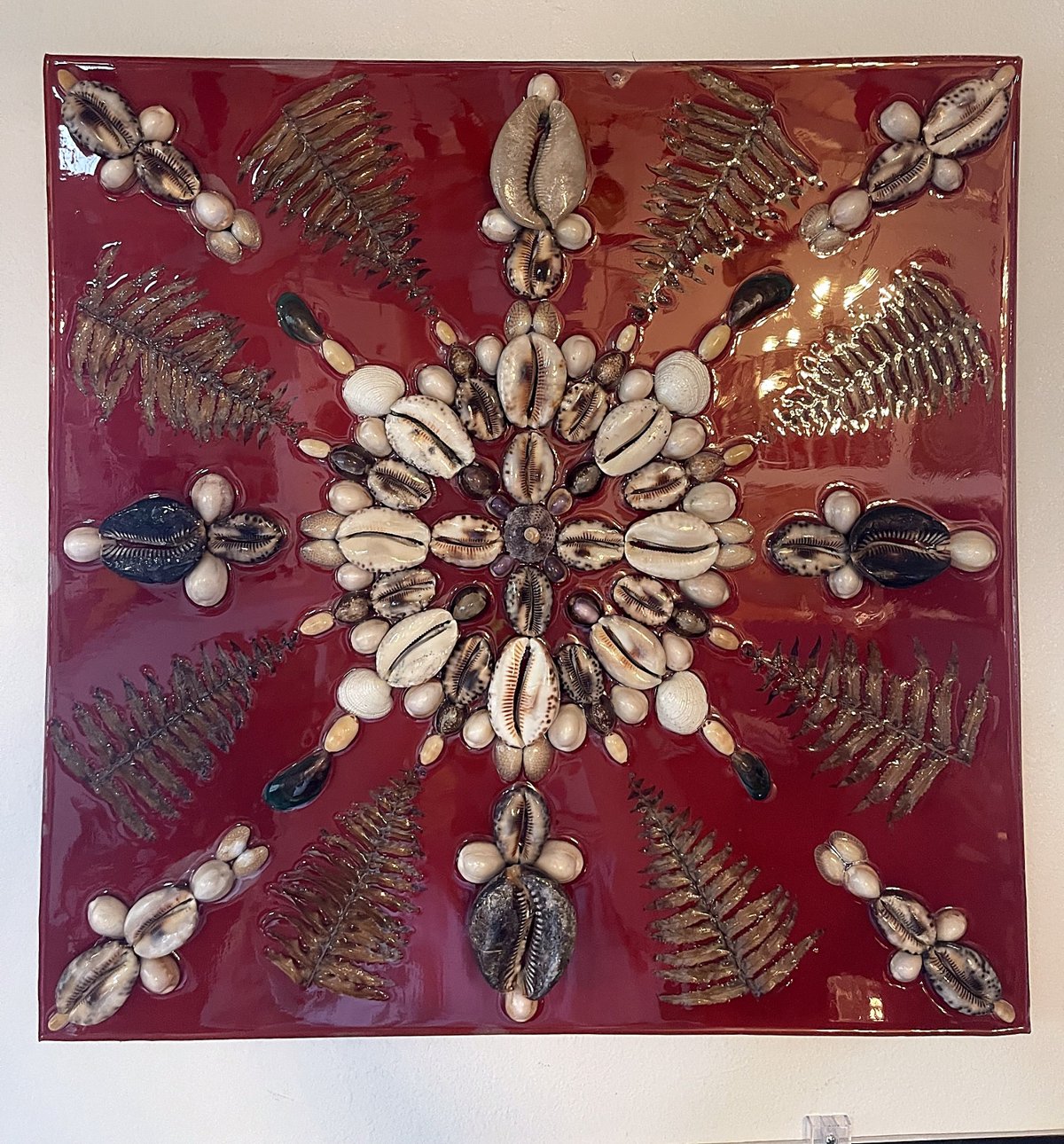Crimson Fern — handmade Hawaiian shell mosaic wall art by Aaron Pomerantz, cowrie shells on panel