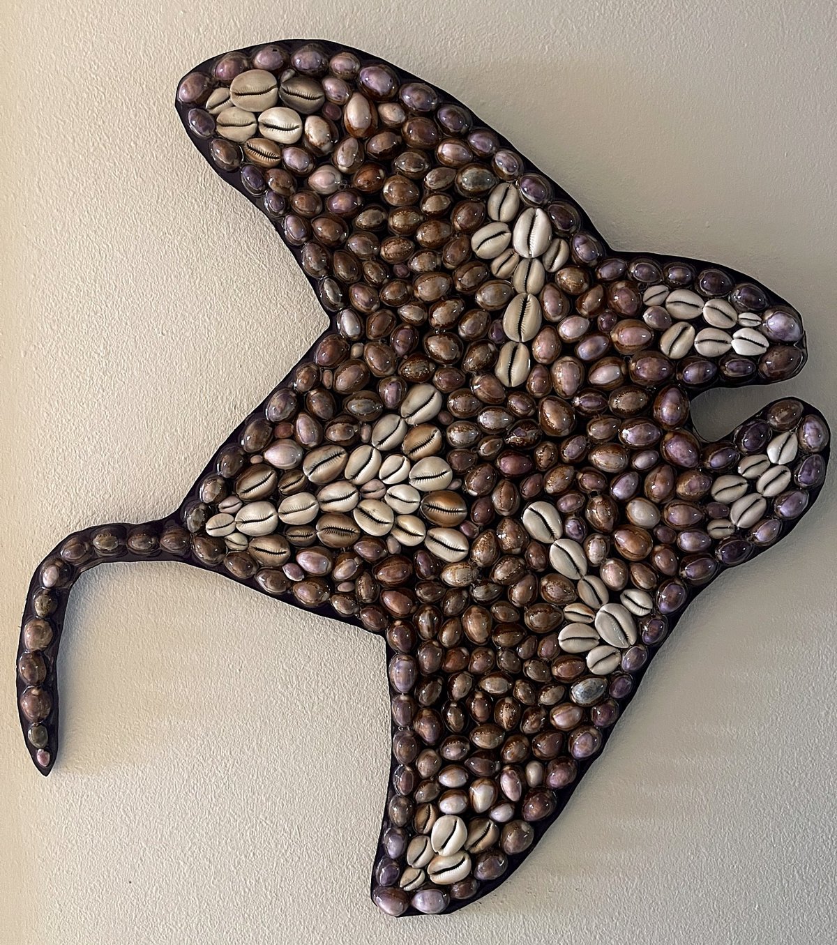 Manta — handmade Hawaiian shell mosaic wall art by Aaron Pomerantz, cowrie shells on panel