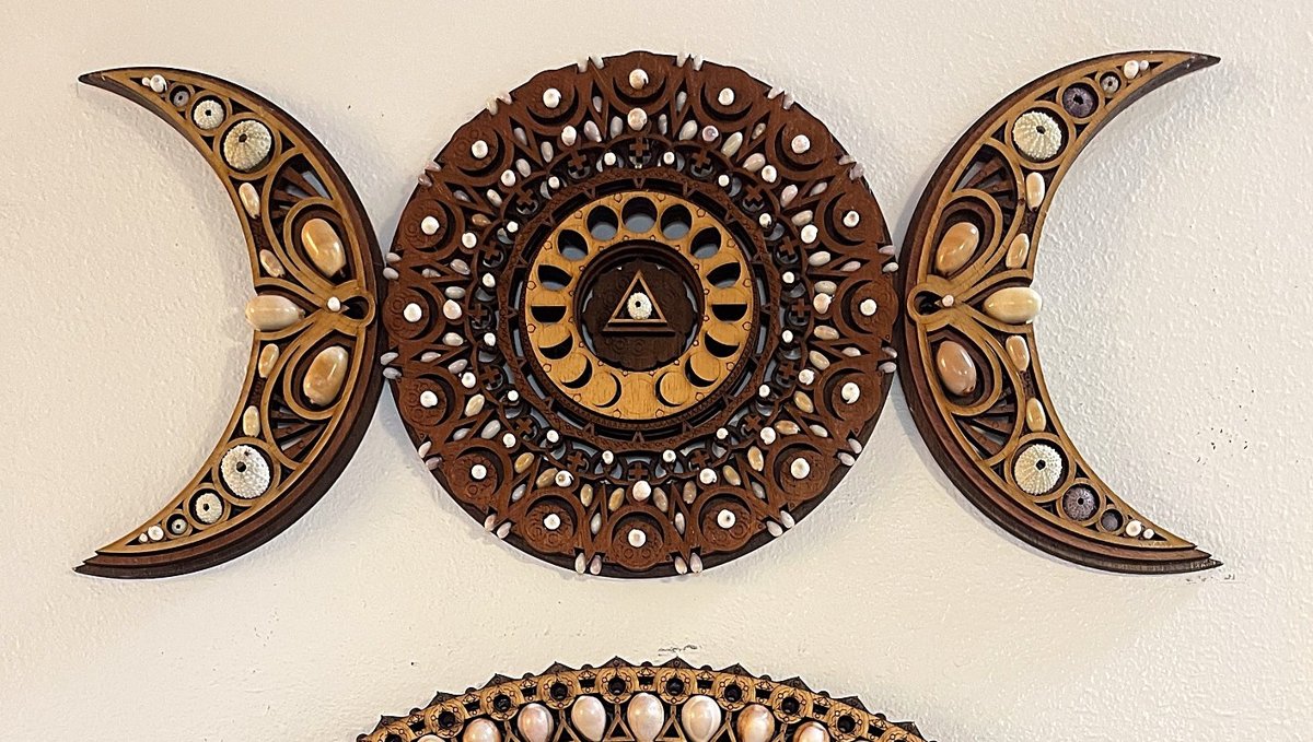 Triple Moon — handmade Hawaiian shell mosaic wall art by Aaron Pomerantz, cowrie shells on panel
