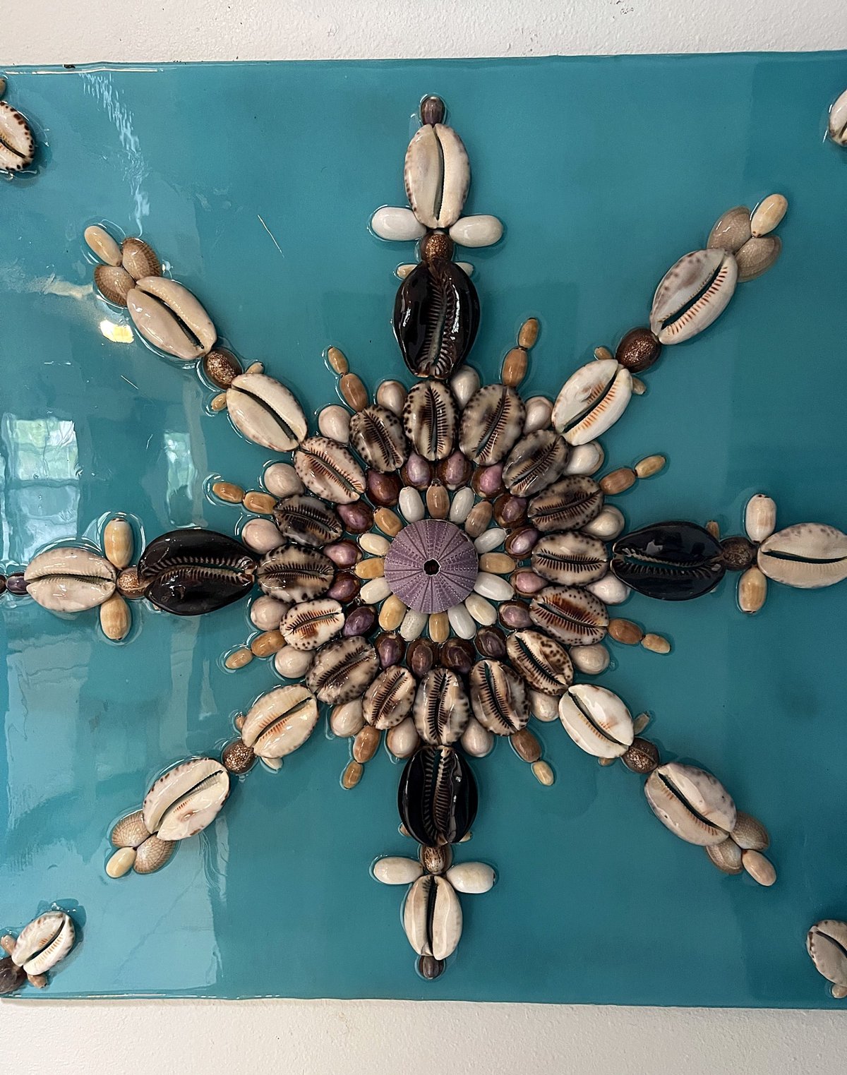 Turquoise Starburst — handmade Hawaiian shell mosaic wall art by Aaron Pomerantz, cowrie shells on panel