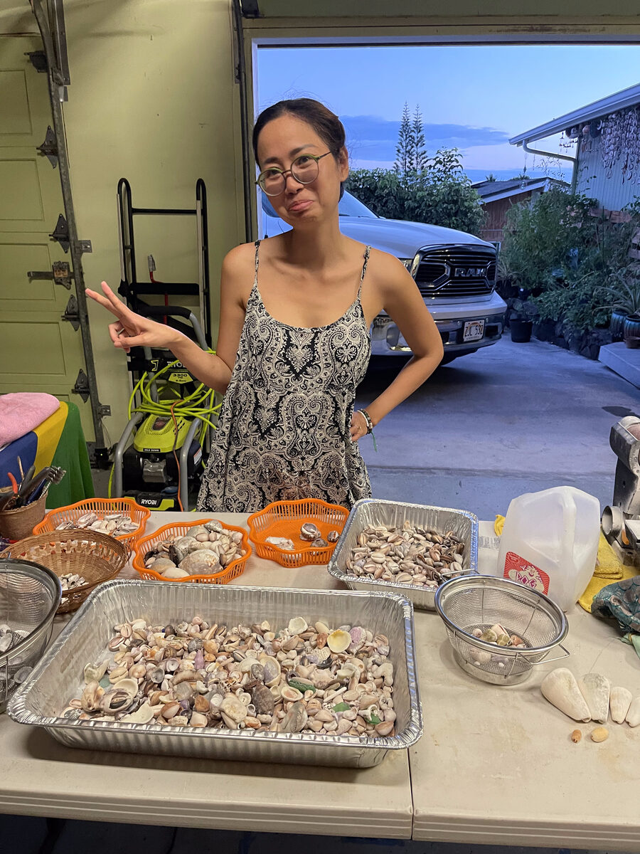 The Holo Holo Bolo studio on the Big Island, with trays of shells being sorted by hand
