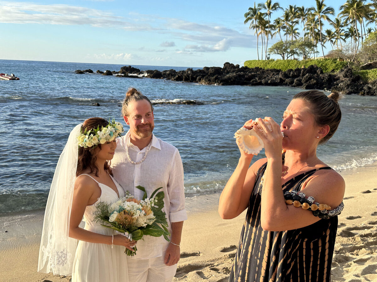 Aaron and his wife at their beach wedding in Hawaiʻi, the shells woven into everyday life
