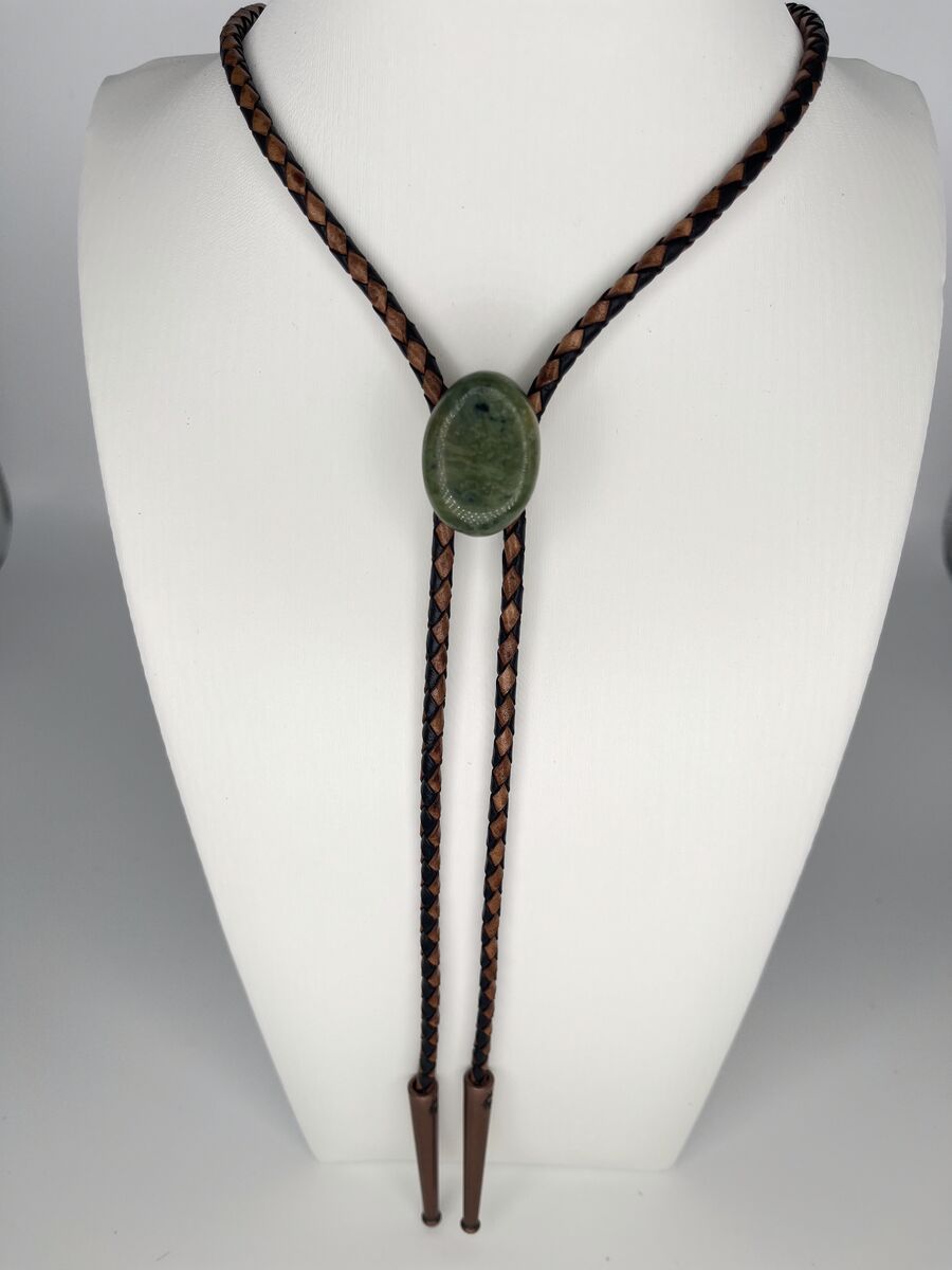 Moss Agate — one-of-a-kind — handmade shell bolo tie