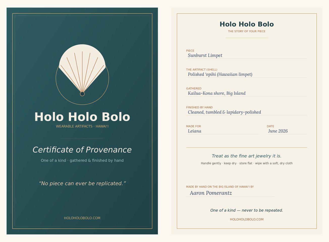 Example of a completed Holo Holo Bolo provenance card, filled in and signed by hand