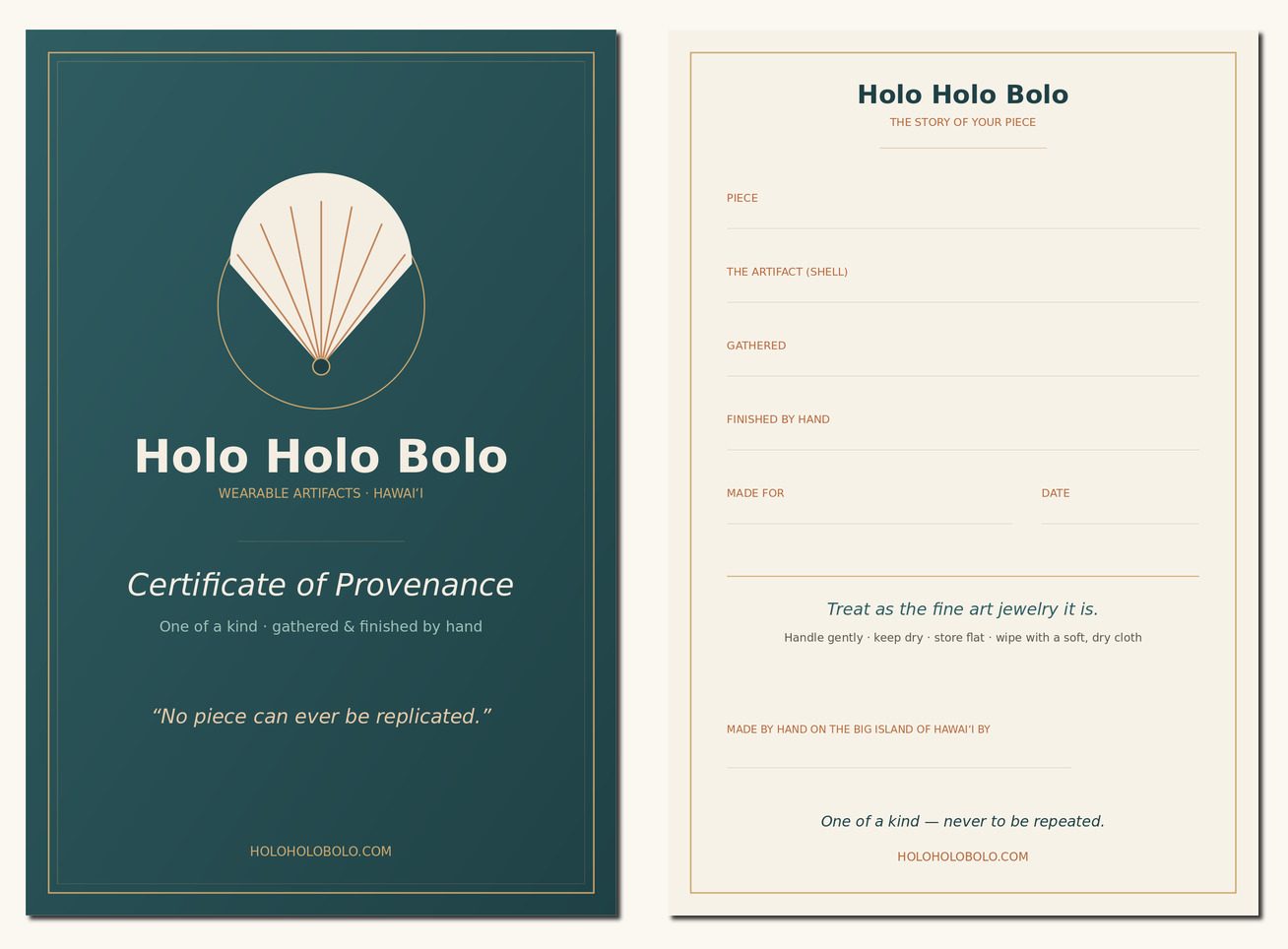 Holo Holo Bolo provenance card — a hand-signed certificate of authenticity included with every shell bolo tie